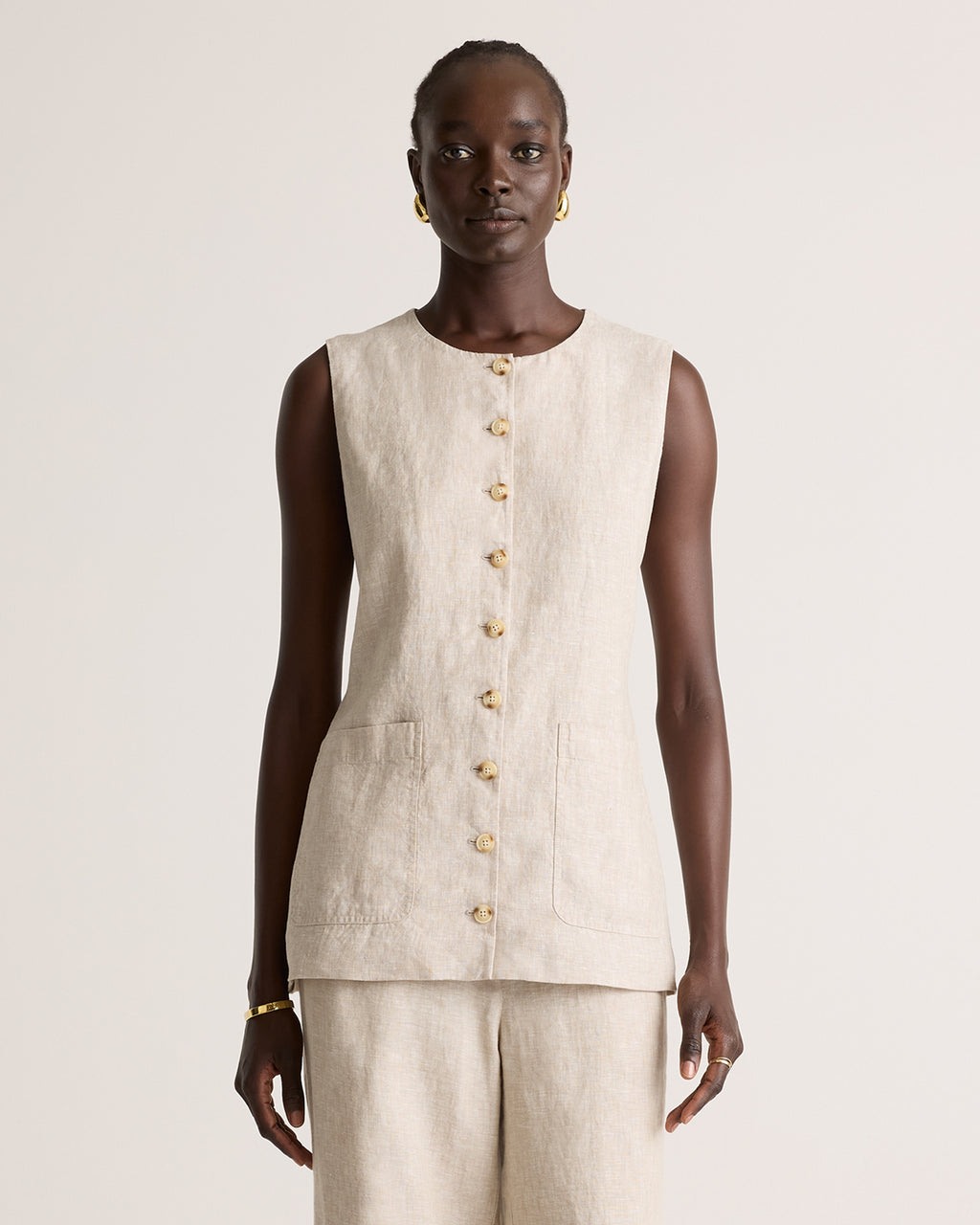 Quince 100% Europees Linnen Longline Gilet Dames Knoopsluiting Mouwloze Top