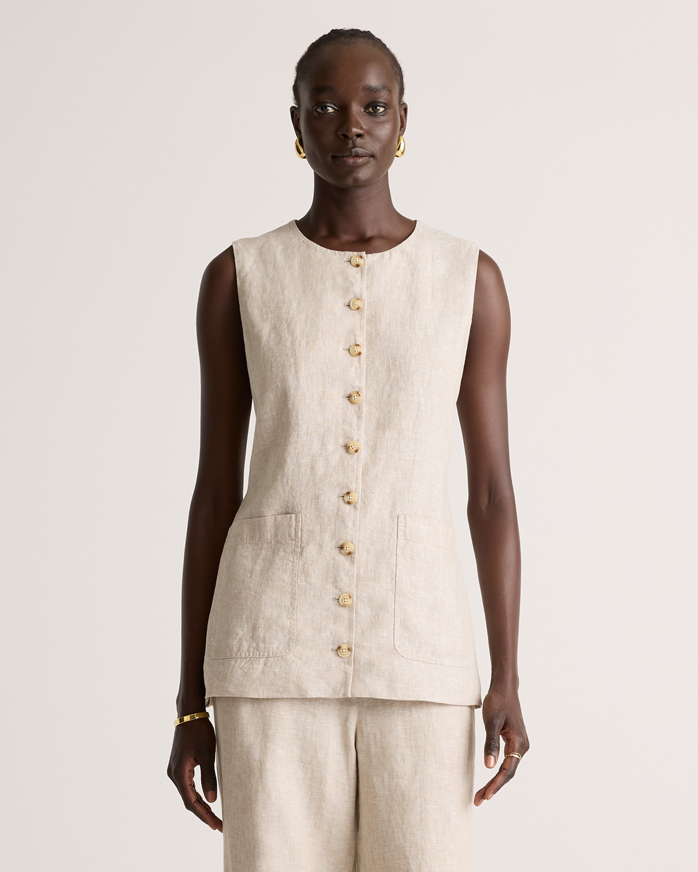 Quince 100% Europees Linnen Longline Gilet Dames Knoopsluiting Mouwloze Top
