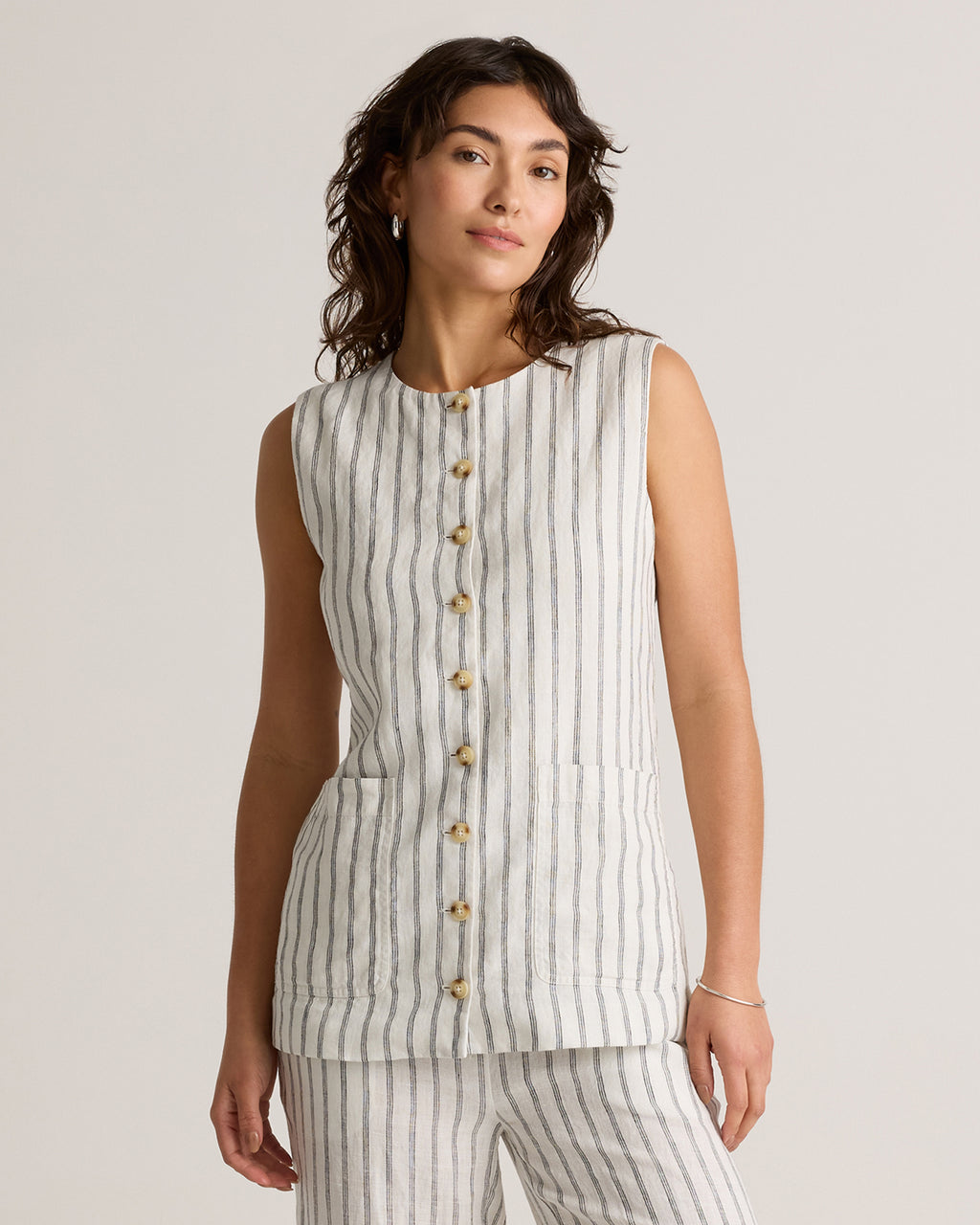 Quince 100% Europees Linnen Longline Gilet Dames Knoopsluiting Mouwloze Top