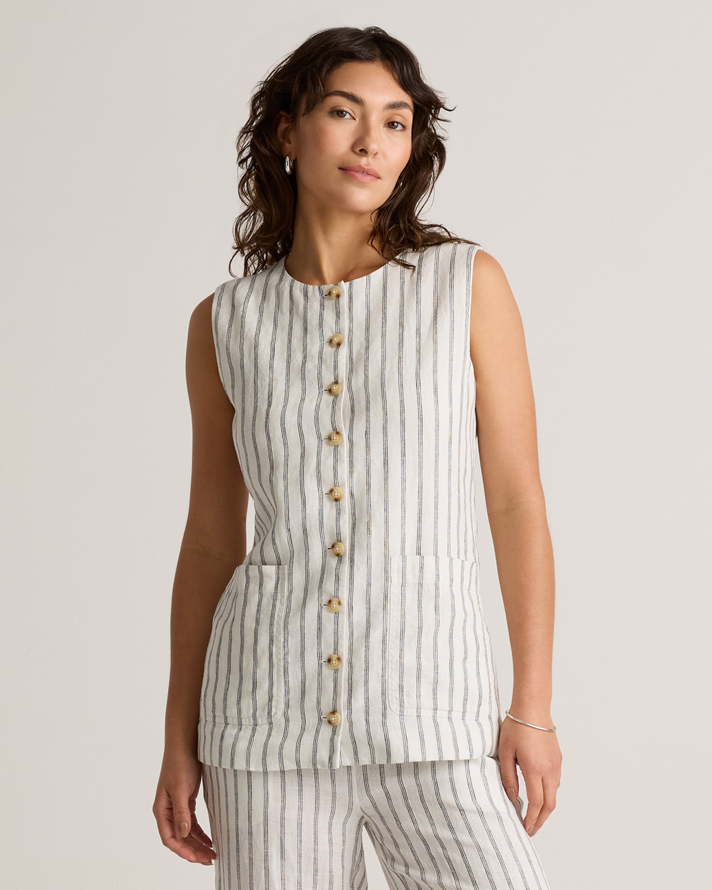Quince 100% Europees Linnen Longline Gilet Dames Knoopsluiting Mouwloze Top