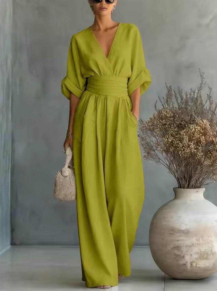 Risel Jumpsuit met Crossover V-hals en Wijde Pijpen