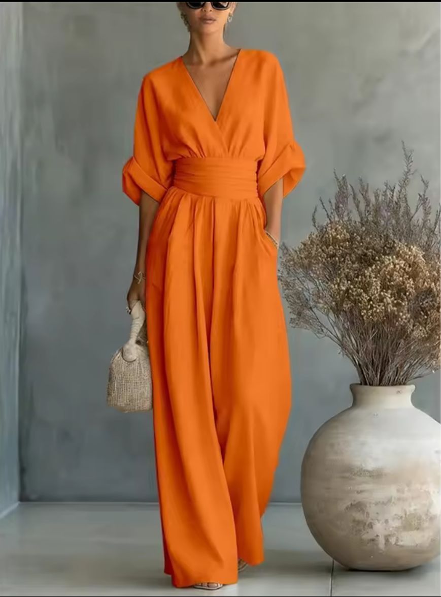Risel Jumpsuit met Crossover V-hals en Wijde Pijpen