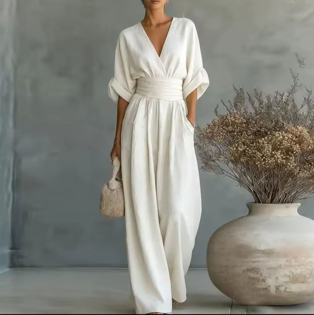 Risel Jumpsuit met Crossover V-hals en Wijde Pijpen