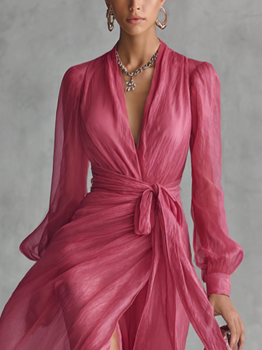 Dames Elegante Chiffon Maxi Jurk met V-Hals