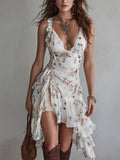 Wells & Monroe Charleston Retro Bloemen Mini-jurk, Witte V-hals, Spaghetti-bandjes