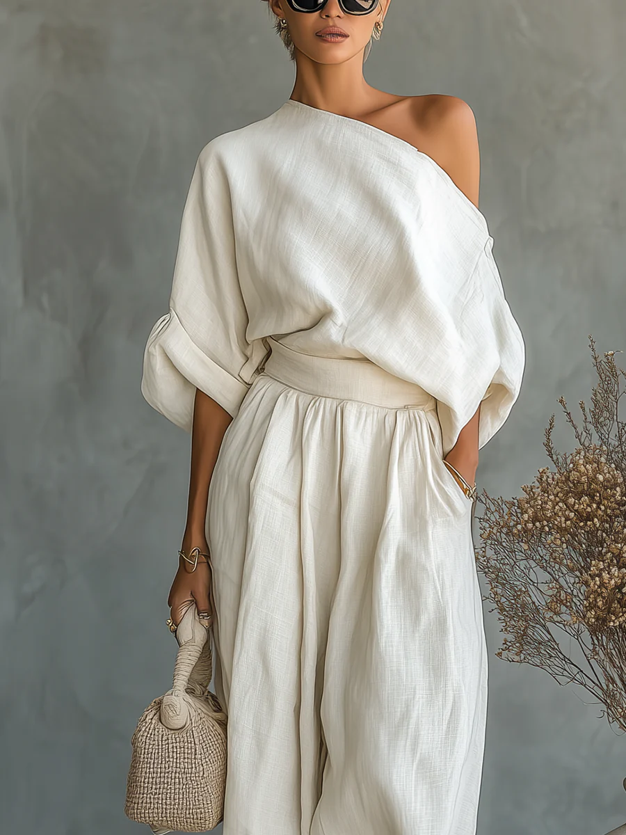 Twee-Delige Set met Off-Shoulder Design in Off-White
