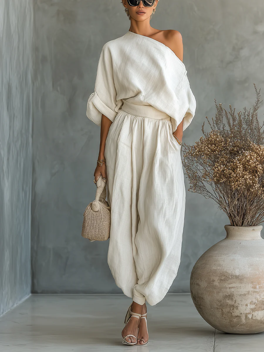 Twee-Delige Set met Off-Shoulder Design in Off-White