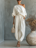 Twee-Delige Set met Off-Shoulder Design in Off-White