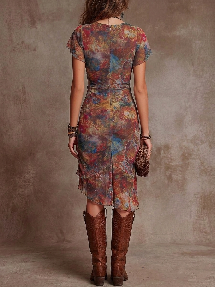 Wells & Monroe Bohemian Abstracte Print V-hals Geplooide Midi-jurk