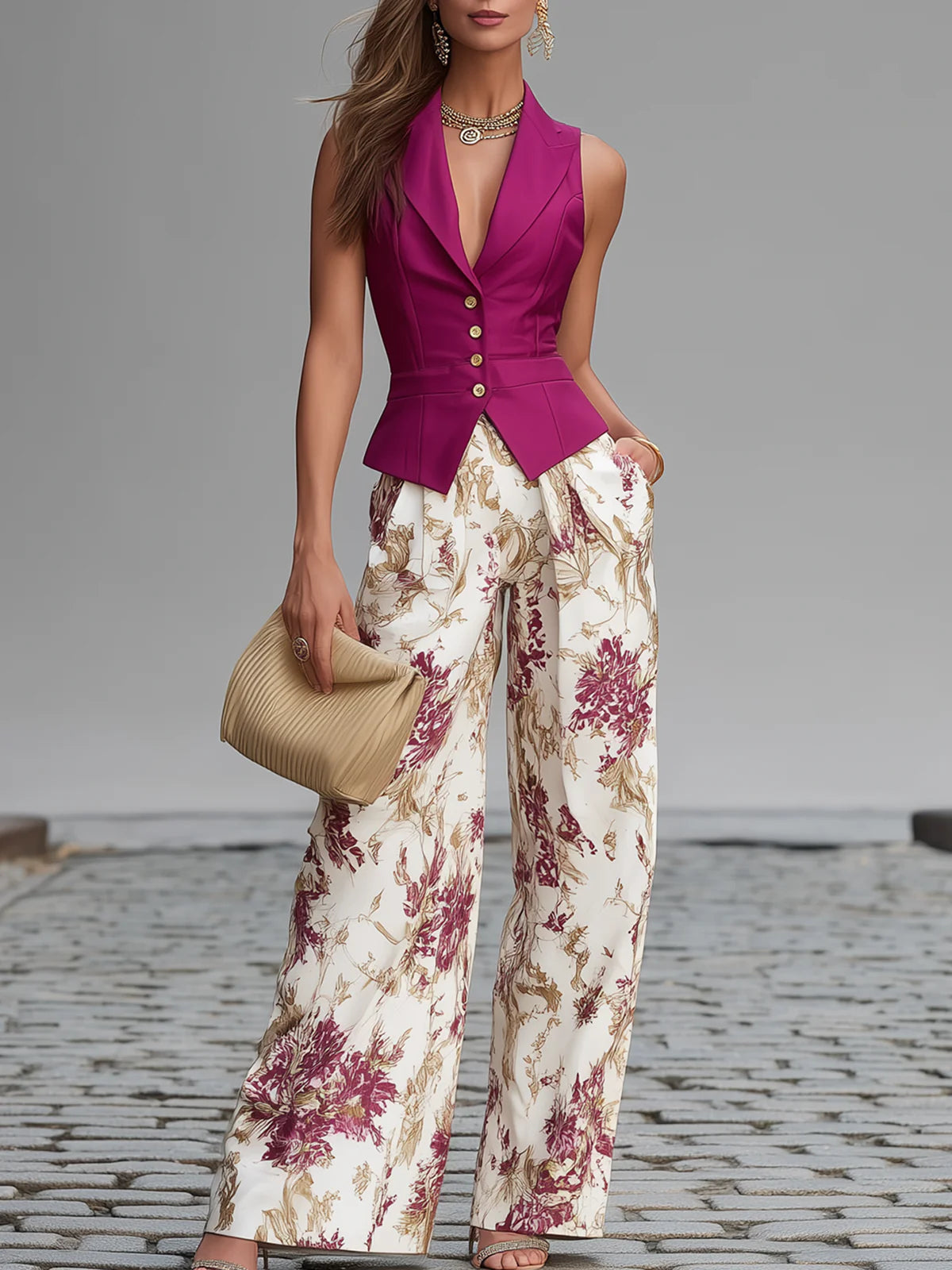 Wells & Monroe Charleston Mouwloze Gilet en Bloemenprint Matching Set