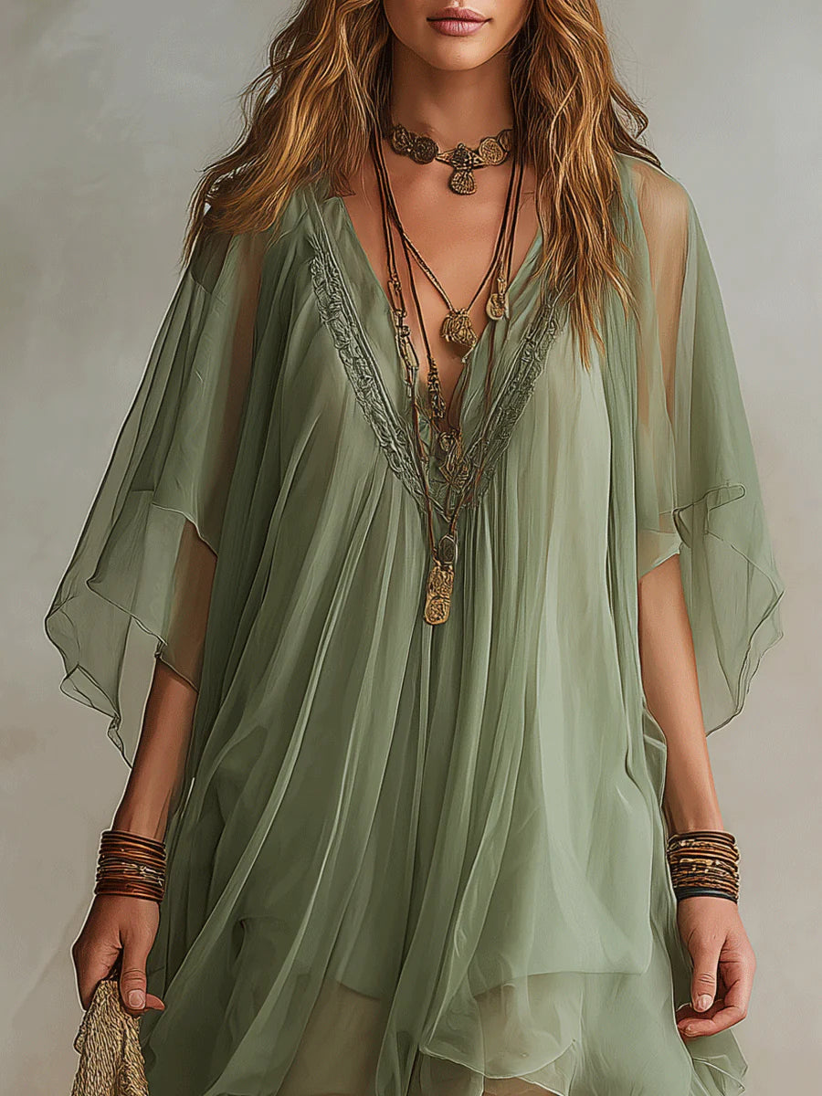 Wells & Monroe Charleston Groene Chiffon V-hals Gelaagde Mini Jurk