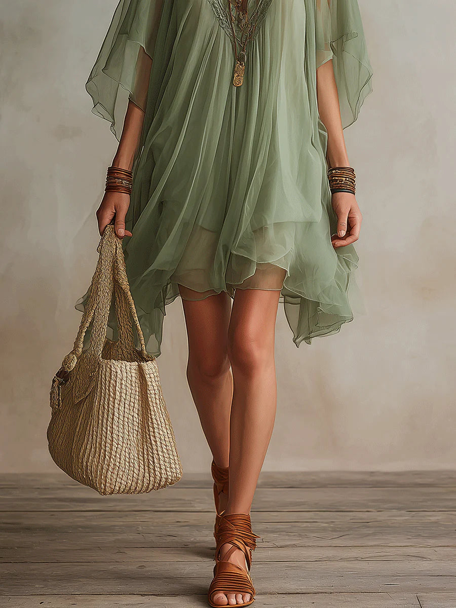 Wells & Monroe Charleston Groene Chiffon V-hals Gelaagde Mini Jurk