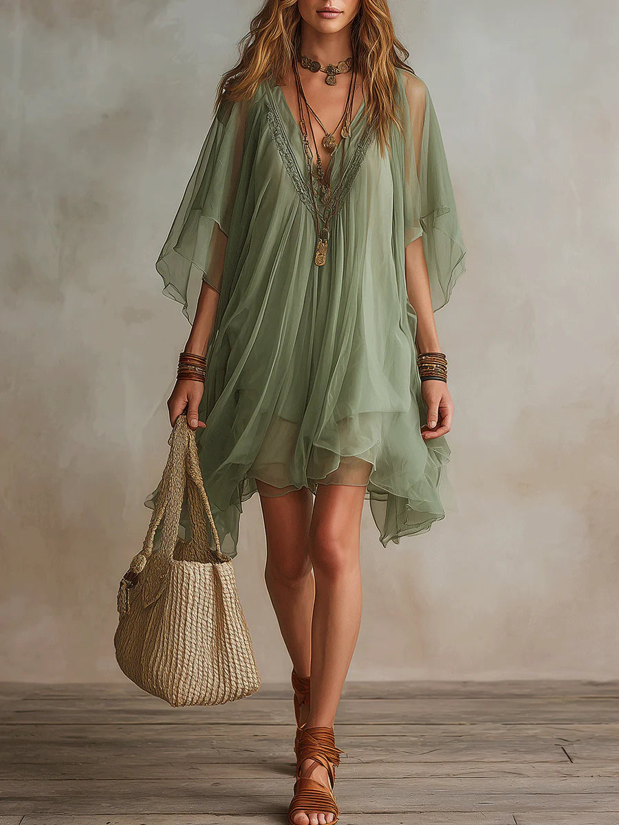 Wells & Monroe Charleston Groene Chiffon V-hals Gelaagde Mini Jurk