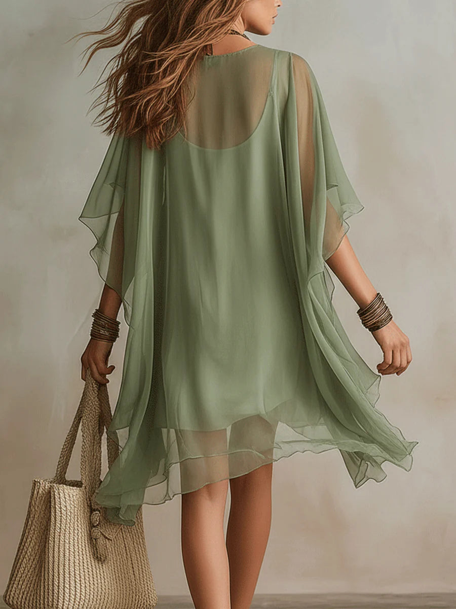 Wells & Monroe Charleston Groene Chiffon V-hals Gelaagde Mini Jurk
