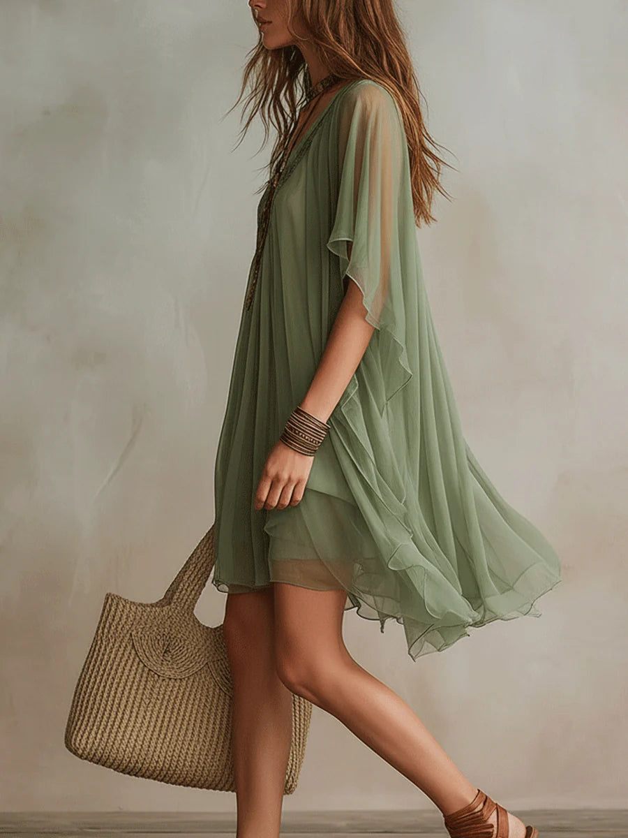Wells & Monroe Charleston Groene Chiffon V-hals Gelaagde Mini Jurk