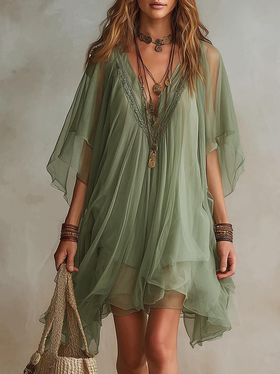 Wells & Monroe Charleston Groene Chiffon V-hals Gelaagde Mini Jurk