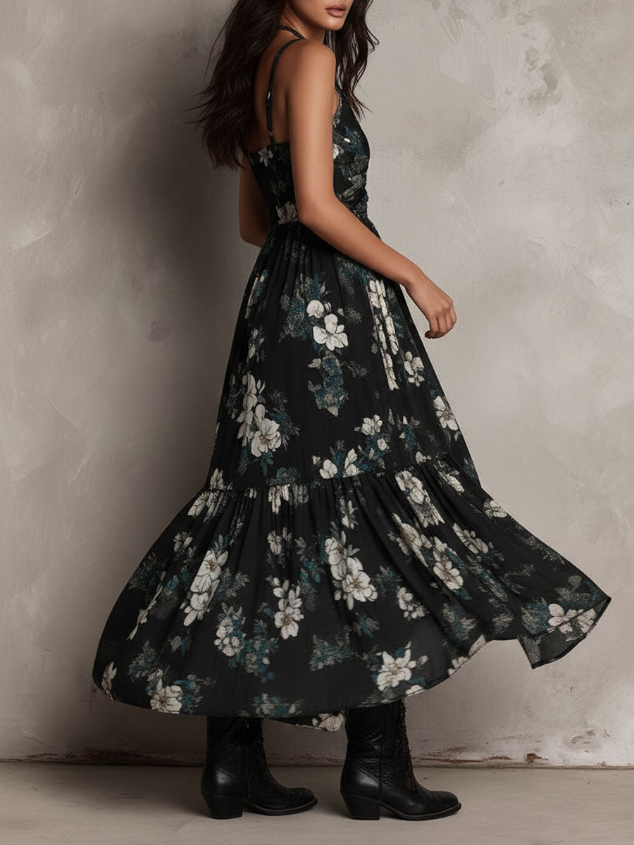 Wells & Monroe Charleston Bohemian Maxi Jurk Bloemenprint Zwart