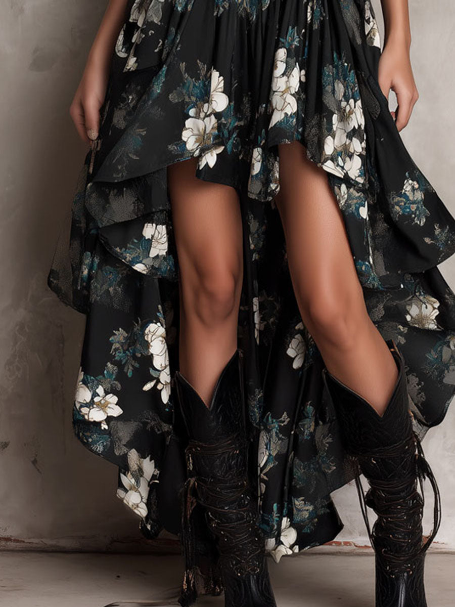 Wells & Monroe Charleston Bohemian Maxi Jurk Bloemenprint Zwart