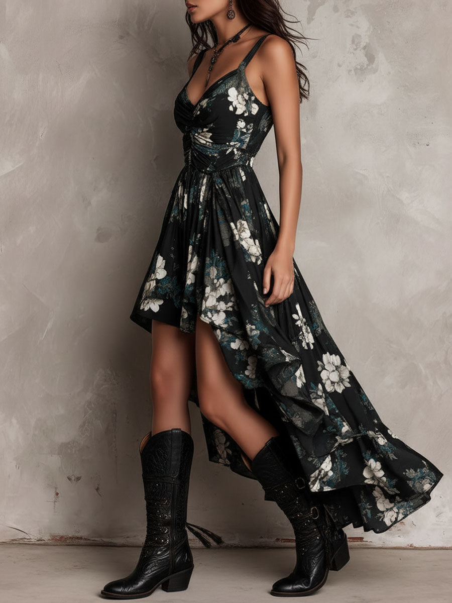 Wells & Monroe Charleston Bohemian Maxi Jurk Bloemenprint Zwart