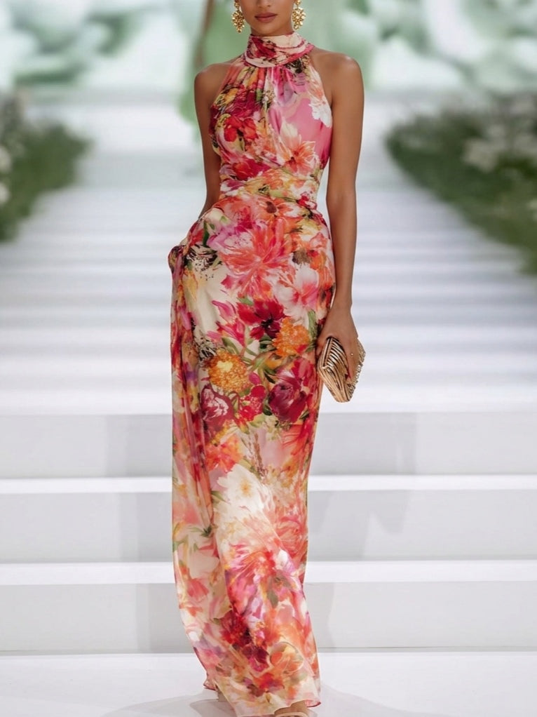 Wells & Monroe Halter Maxi Jurk Bloemenprint Rood