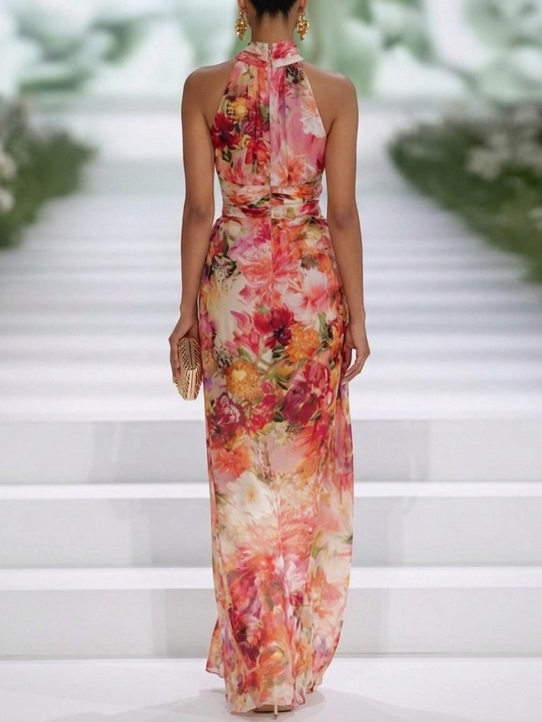 Wells & Monroe Halter Maxi Jurk Bloemenprint Rood