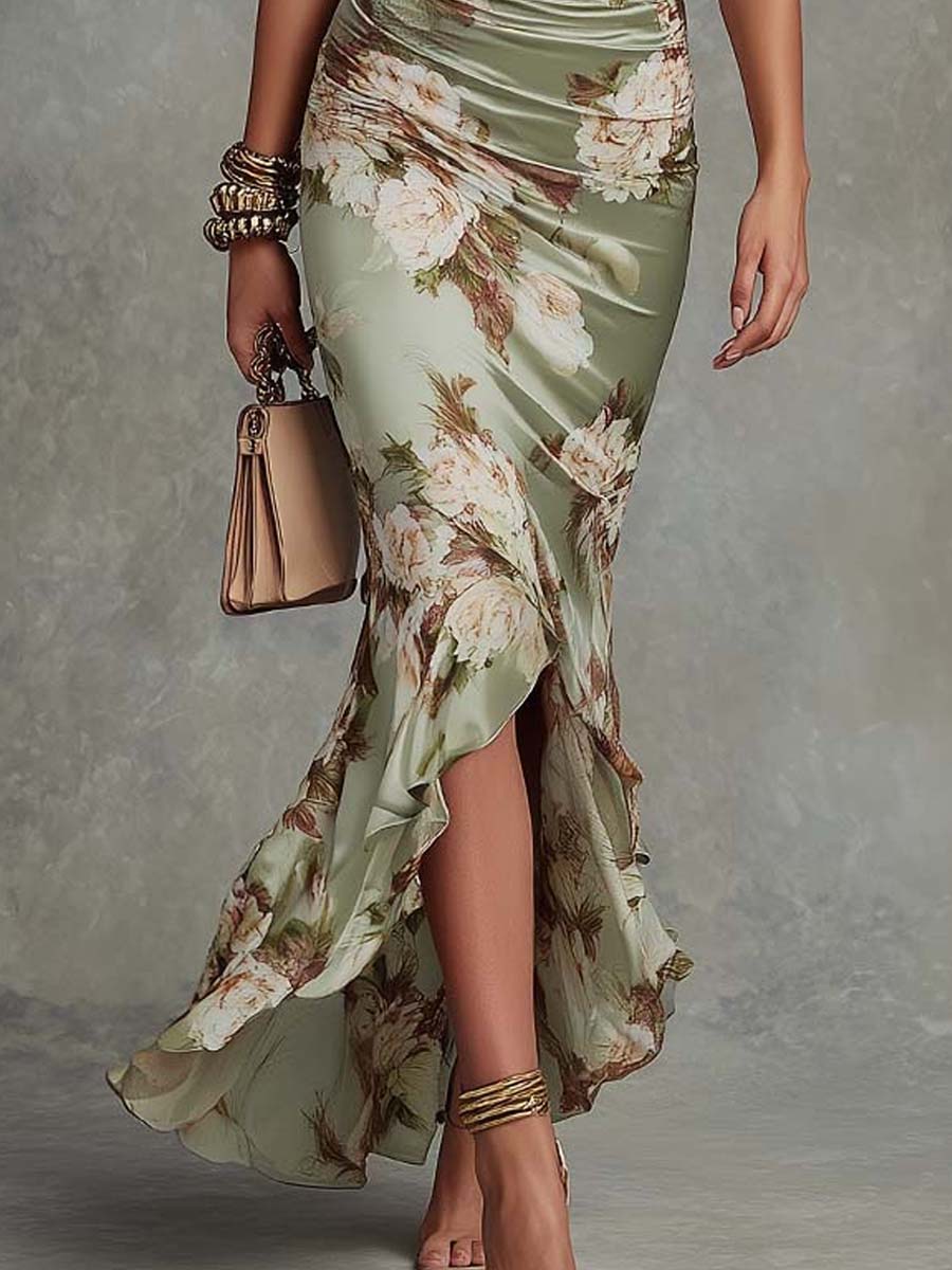 Wells & Monroe Charleston Satijnen Maxi Jurk met Bloemenprint Groen