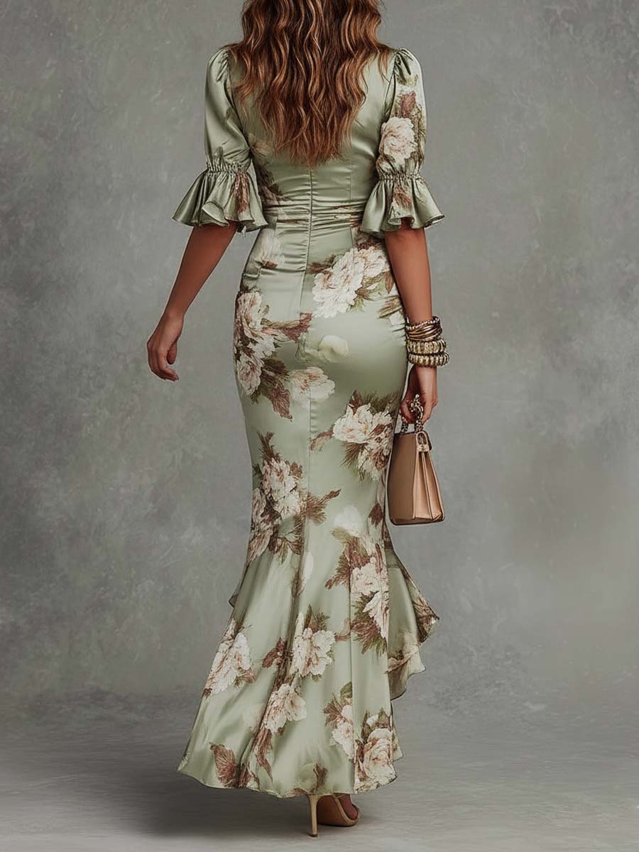 Wells & Monroe Charleston Satijnen Maxi Jurk met Bloemenprint Groen
