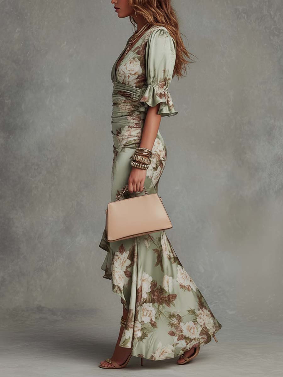 Wells & Monroe Charleston Satijnen Maxi Jurk met Bloemenprint Groen