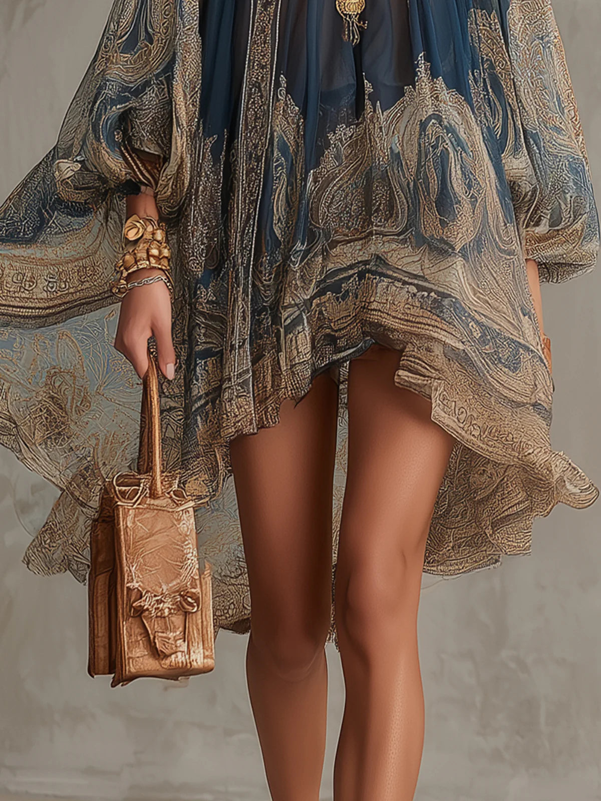 Wells & Monroe Charleston Baroque Print Chiffon Mini Jurk Marineblauw