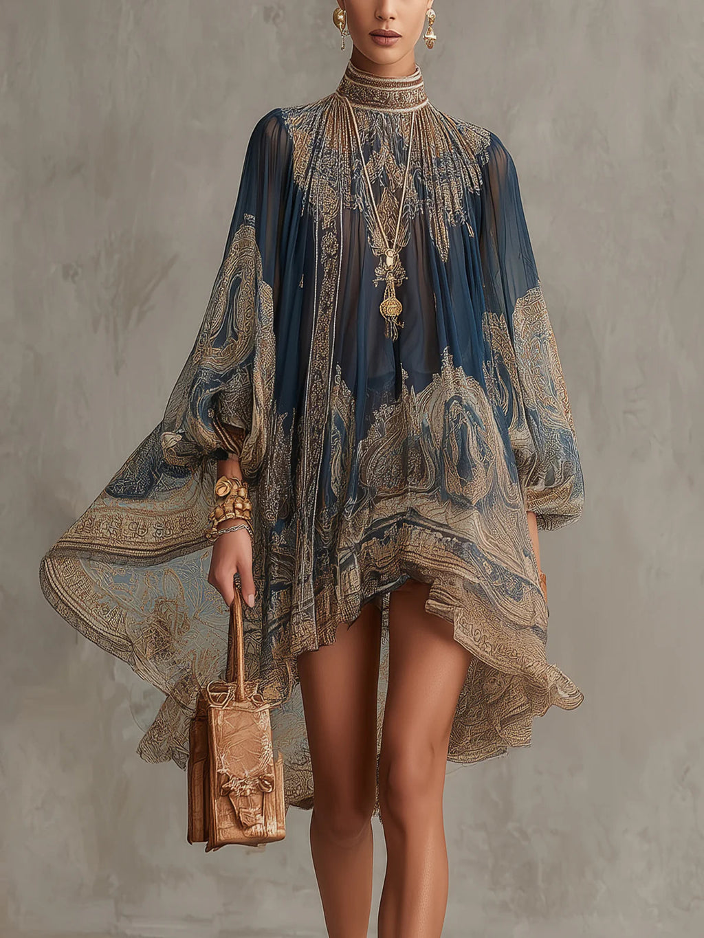 Wells & Monroe Charleston Baroque Print Chiffon Mini Jurk Marineblauw