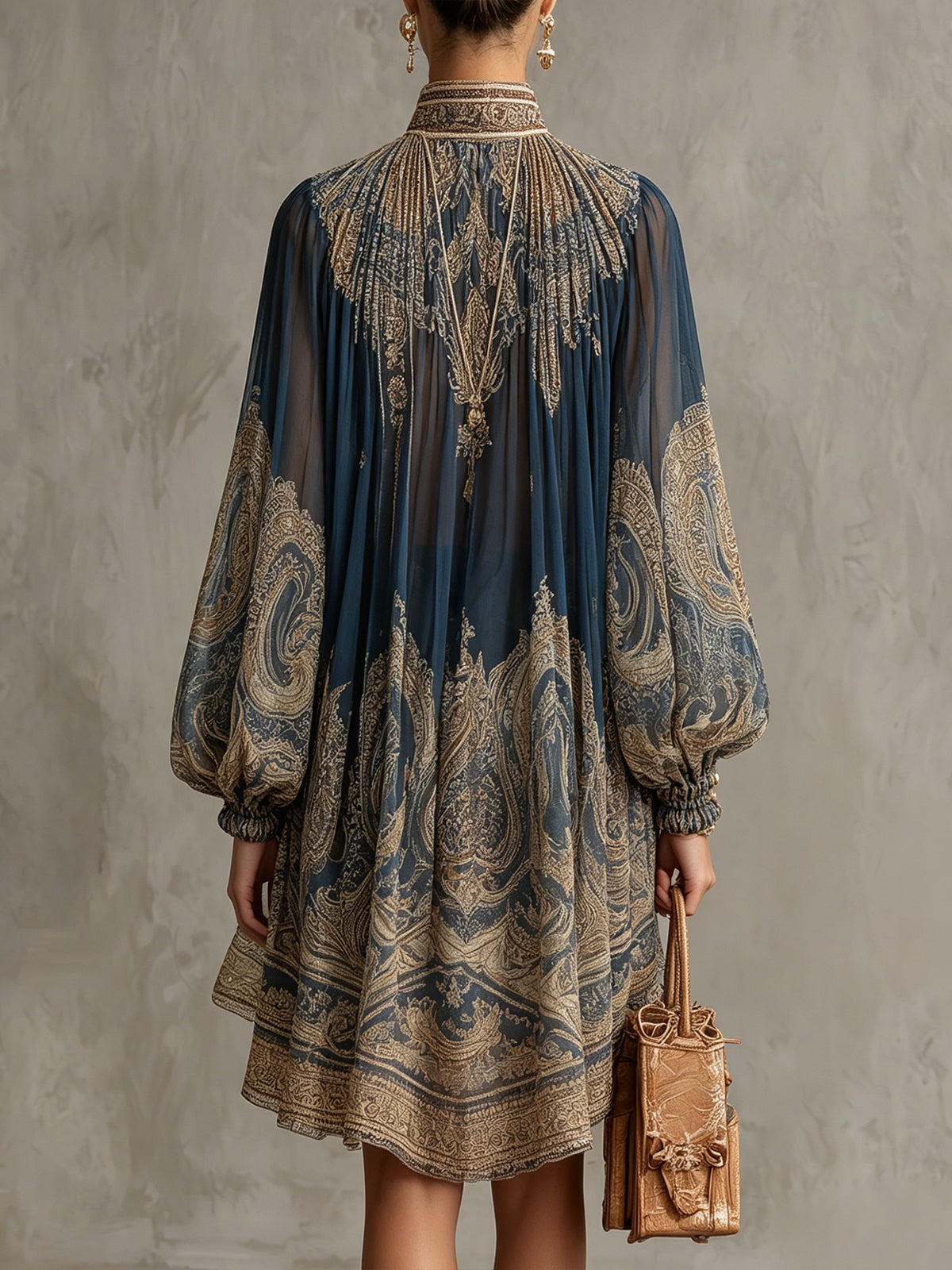 Wells & Monroe Charleston Baroque Print Chiffon Mini Jurk Marineblauw