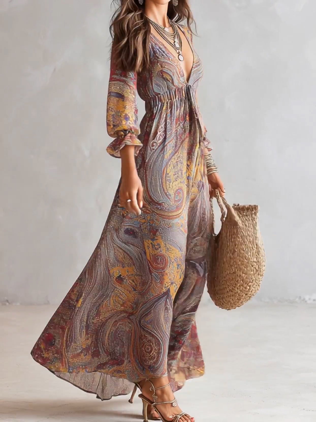 Wells & Monroe Paisley Print V-hals Chiffon Maxi Jurk