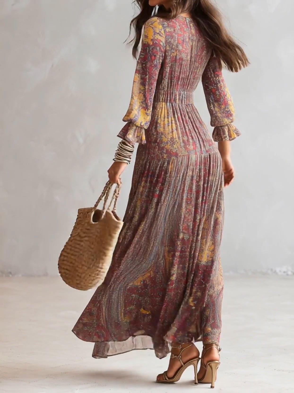 Wells & Monroe Paisley Print V-hals Chiffon Maxi Jurk