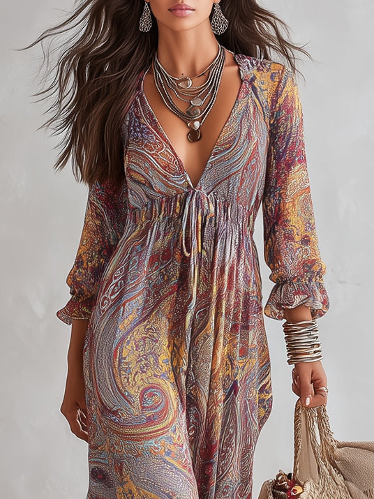 Wells & Monroe Paisley Print V-hals Chiffon Maxi Jurk