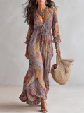 Wells & Monroe Paisley Print V-hals Chiffon Maxi Jurk