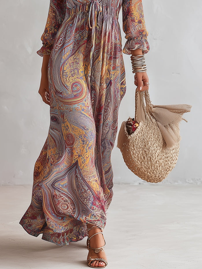 Wells & Monroe Paisley Print V-hals Chiffon Maxi Jurk