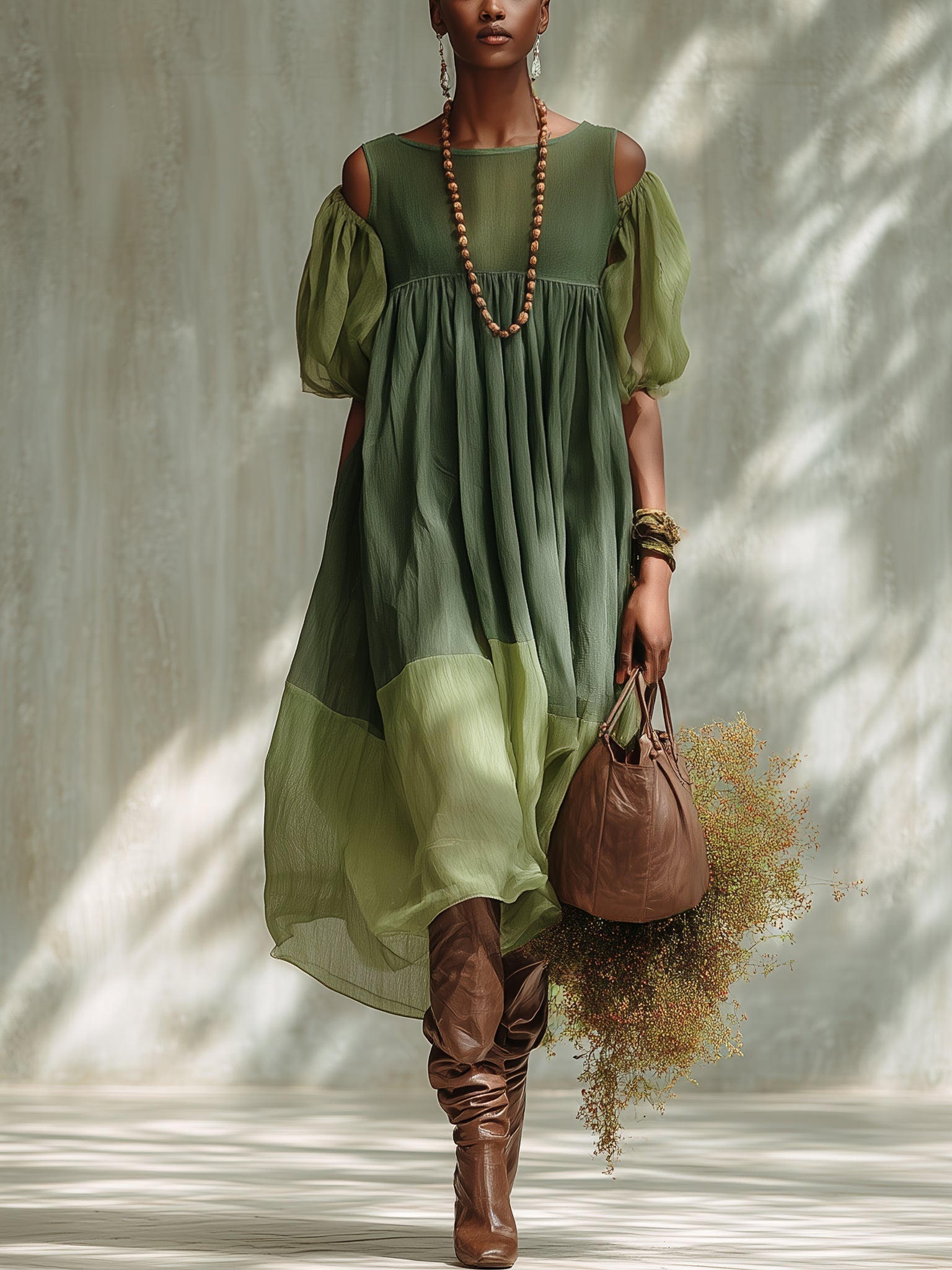 Wells & Monroe Charleston Groene Chiffon Off-Shoulder Midi-Jurk