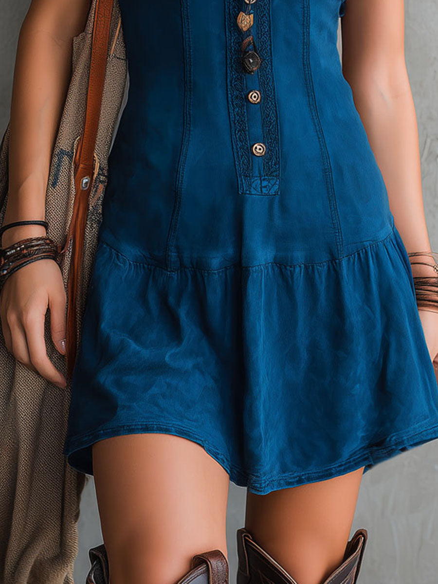 Wells & Monroe V-Hals Mini-Jurk met Knopen Mouwloos Indigo