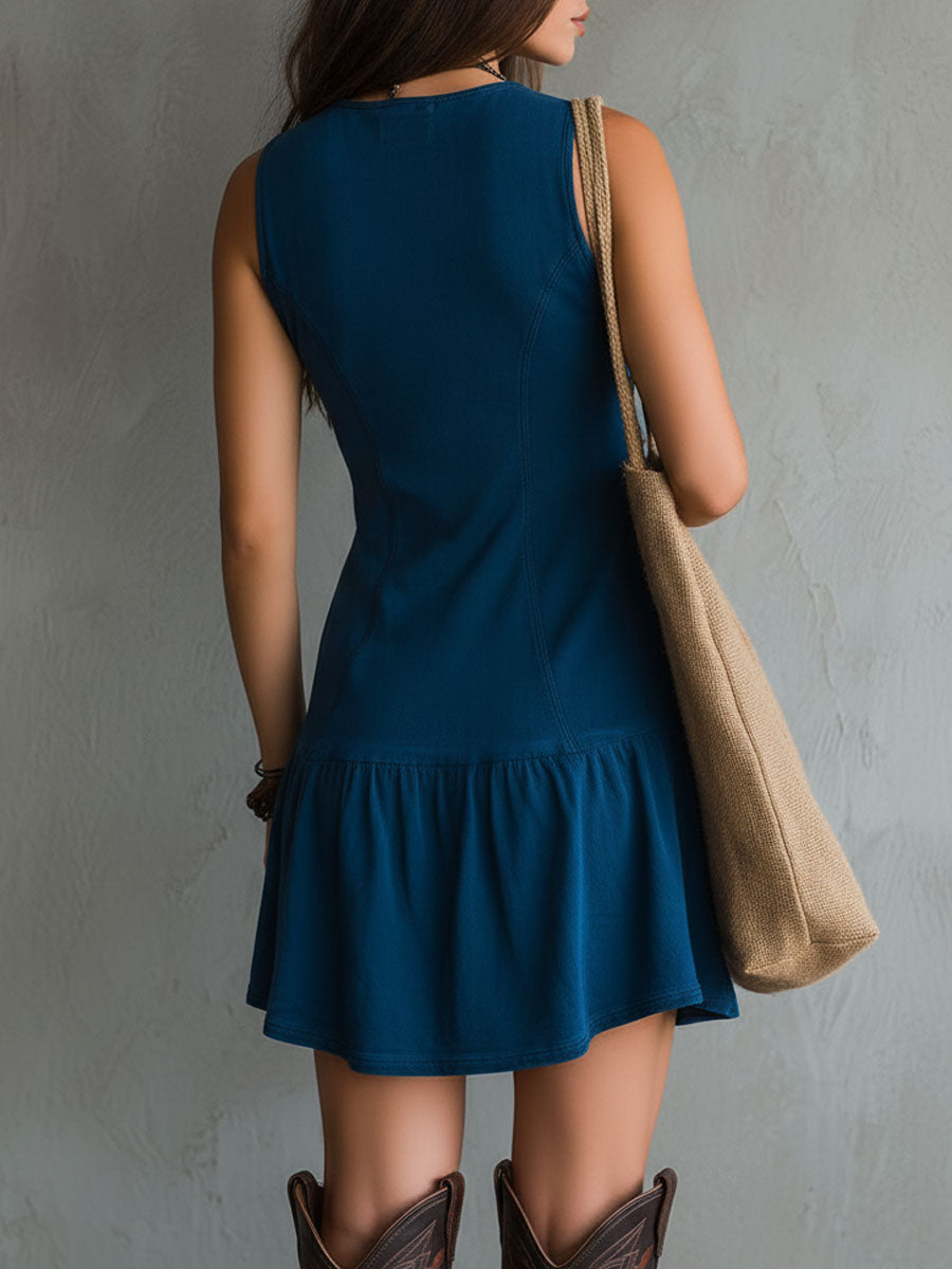 Wells & Monroe V-Hals Mini-Jurk met Knopen Mouwloos Indigo