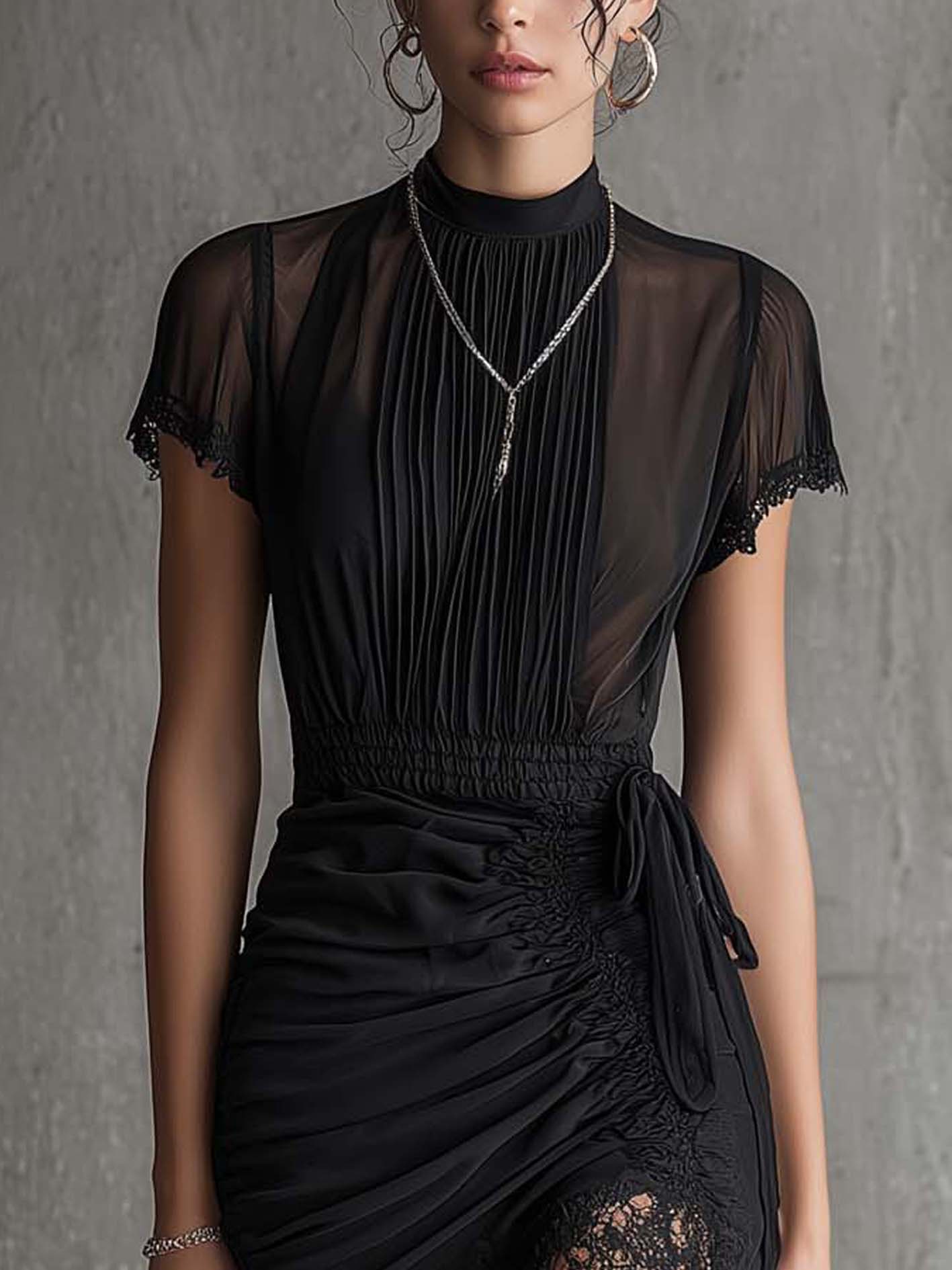 Wells & Monroe Charleston Mini-jurk van Zwarte Chiffon met Kant