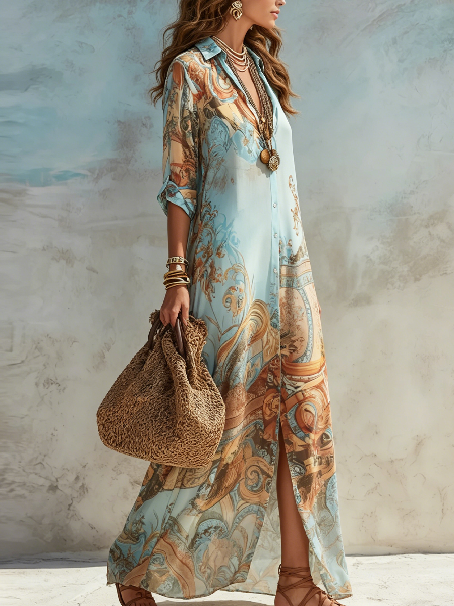 Wells & Monroe Dames Bloemenprint Shirt Maxi-jurk - Blauw