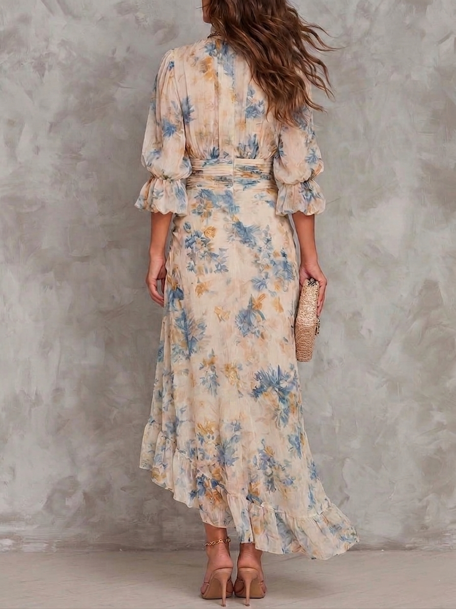 Wells & Monroe Charleston Chiffon Maxi Jurk met Bloemenprint, Beige