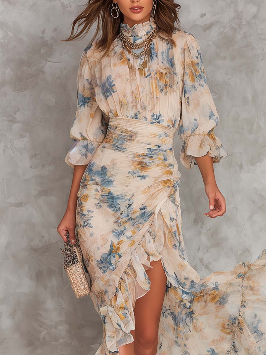 Wells & Monroe Charleston Chiffon Maxi Jurk met Bloemenprint, Beige