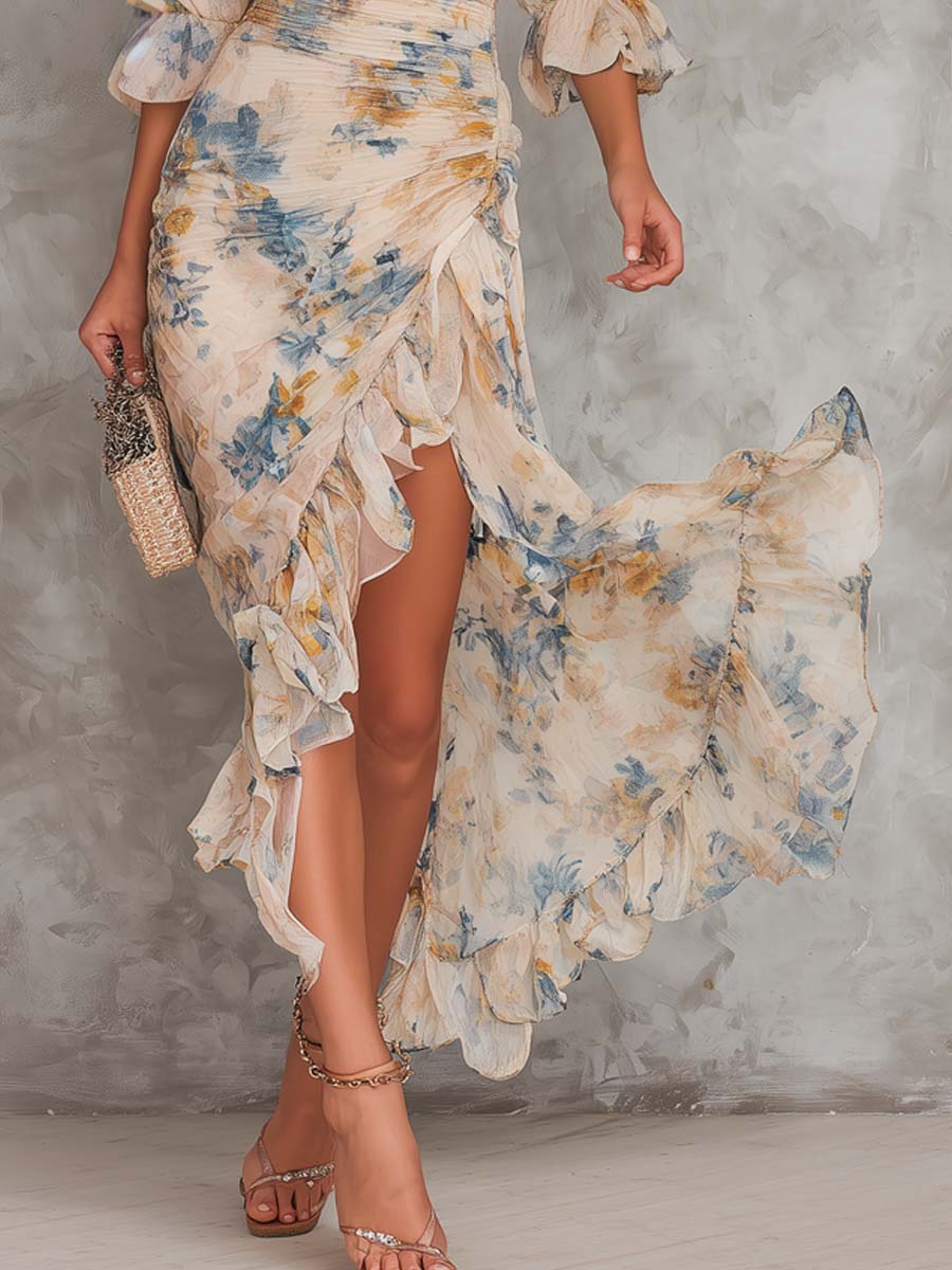 Wells & Monroe Charleston Chiffon Maxi Jurk met Bloemenprint, Beige