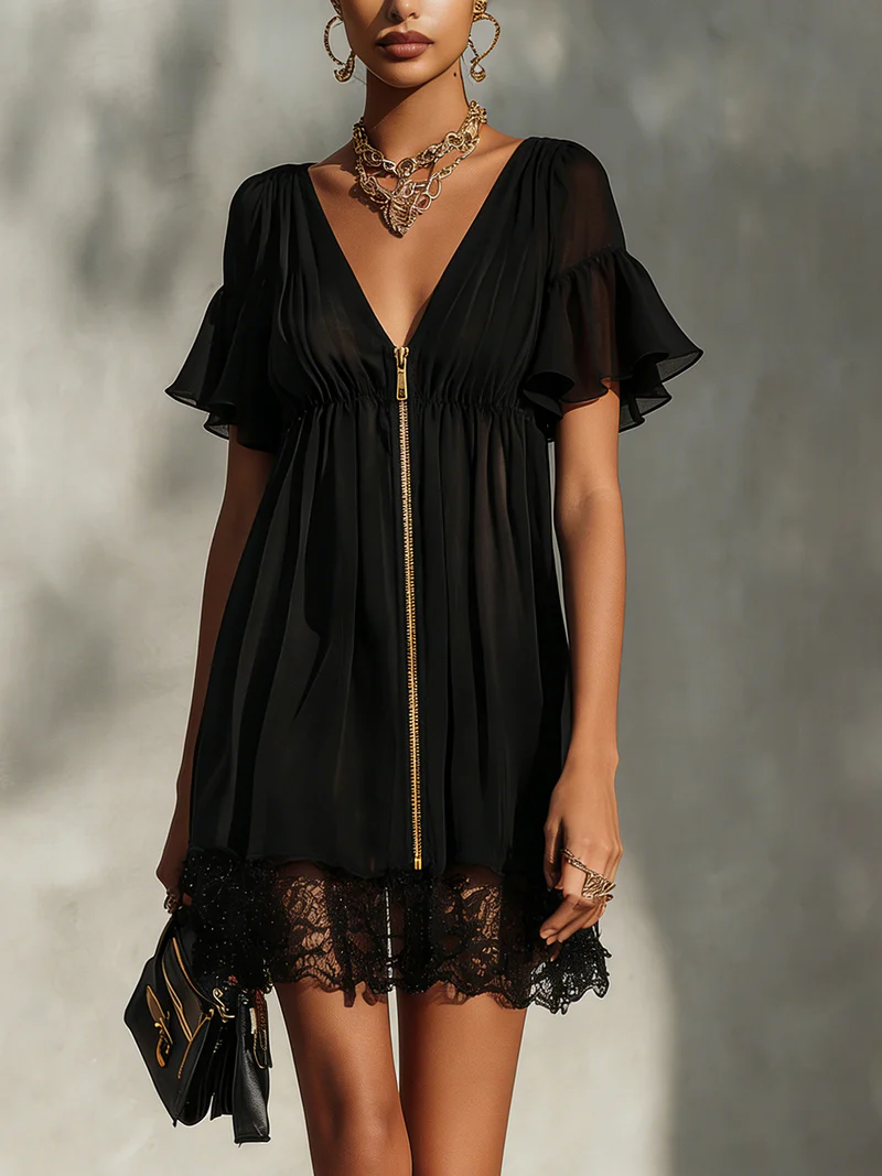 Elegante Mini Jurk Met Zip-Front En Kant Detail