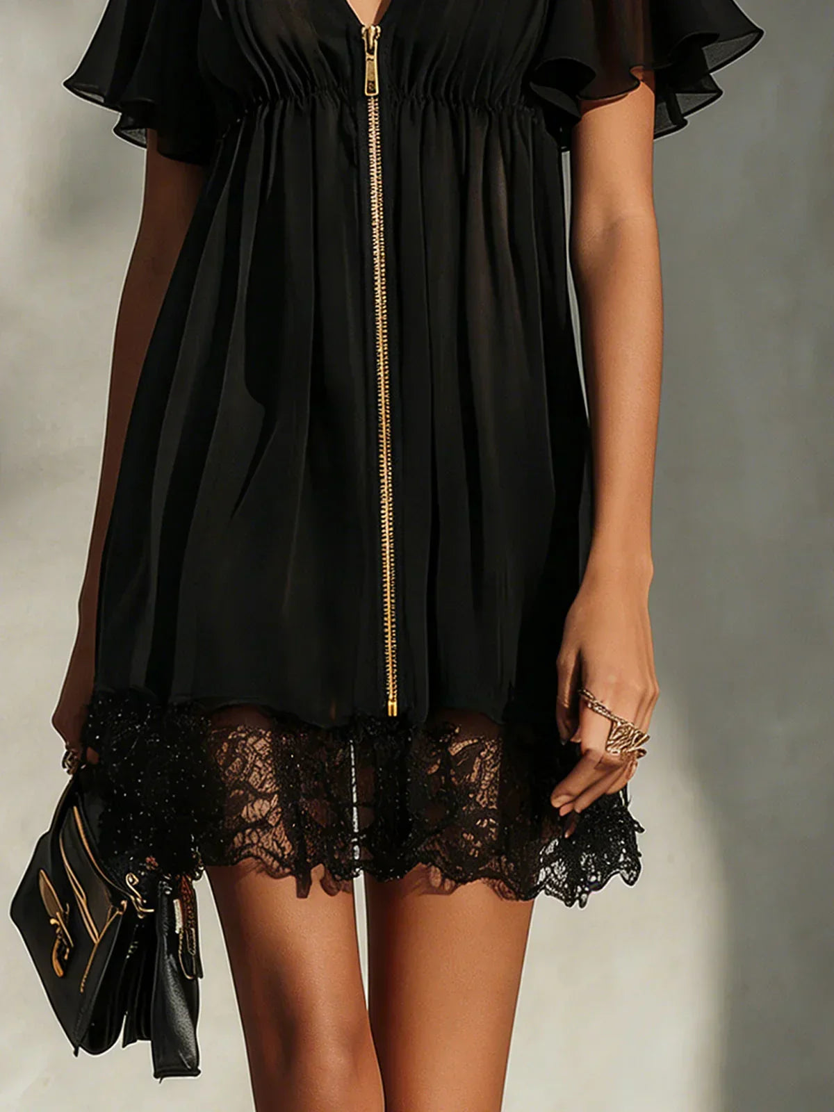 Elegante Mini Jurk Met Zip-Front En Kant Detail