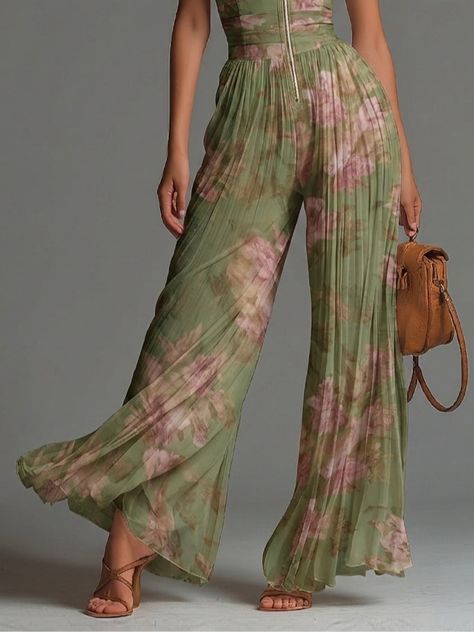Wells & Monroe Charleston Floral Chiffon Jumpsuit V-hals Mouwloze Wide-leg