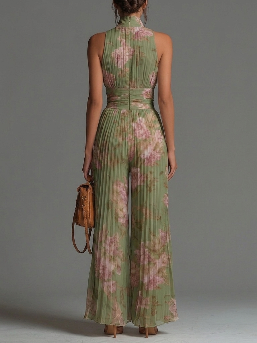 Wells & Monroe Charleston Floral Chiffon Jumpsuit V-hals Mouwloze Wide-leg