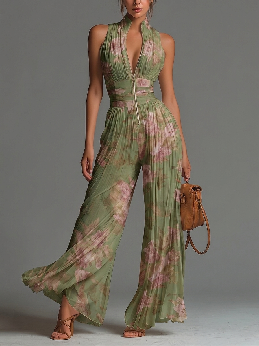 Wells & Monroe Charleston Floral Chiffon Jumpsuit V-hals Mouwloze Wide-leg