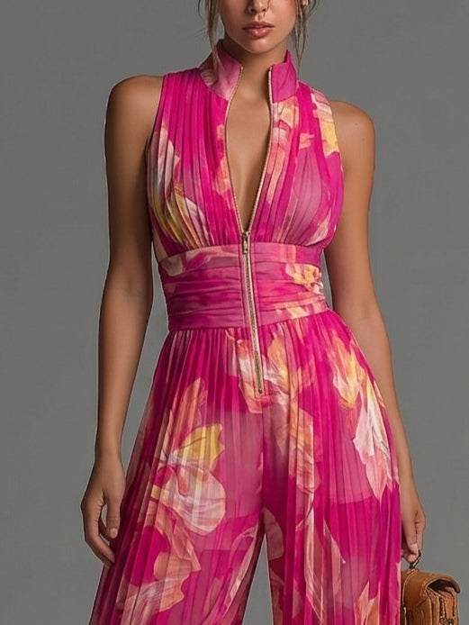 Wells & Monroe Fuchsia Bloemenprint Jumpsuit, Mouwloos Wijde Pijpen